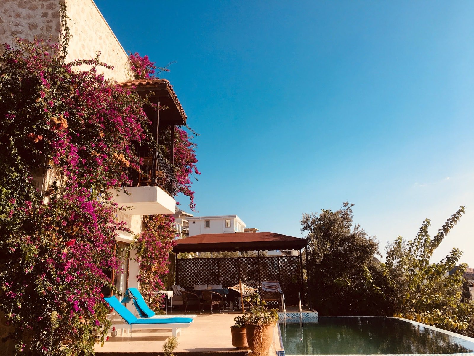 Begonvilli cephe, şezlonglar ve pergola